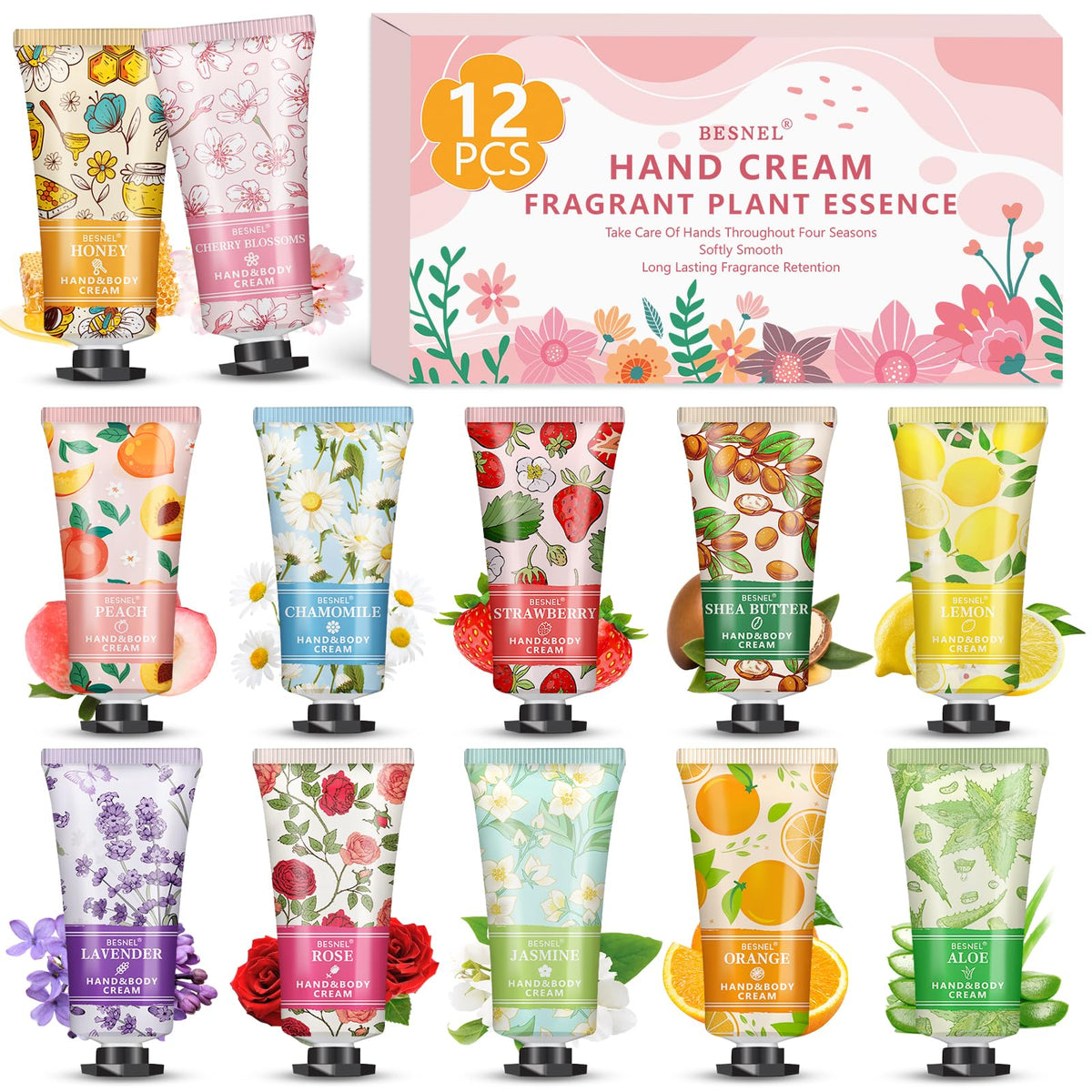 BESNEL 12-pack crema de manos regalo con fragancias variadas para cuidado diario
