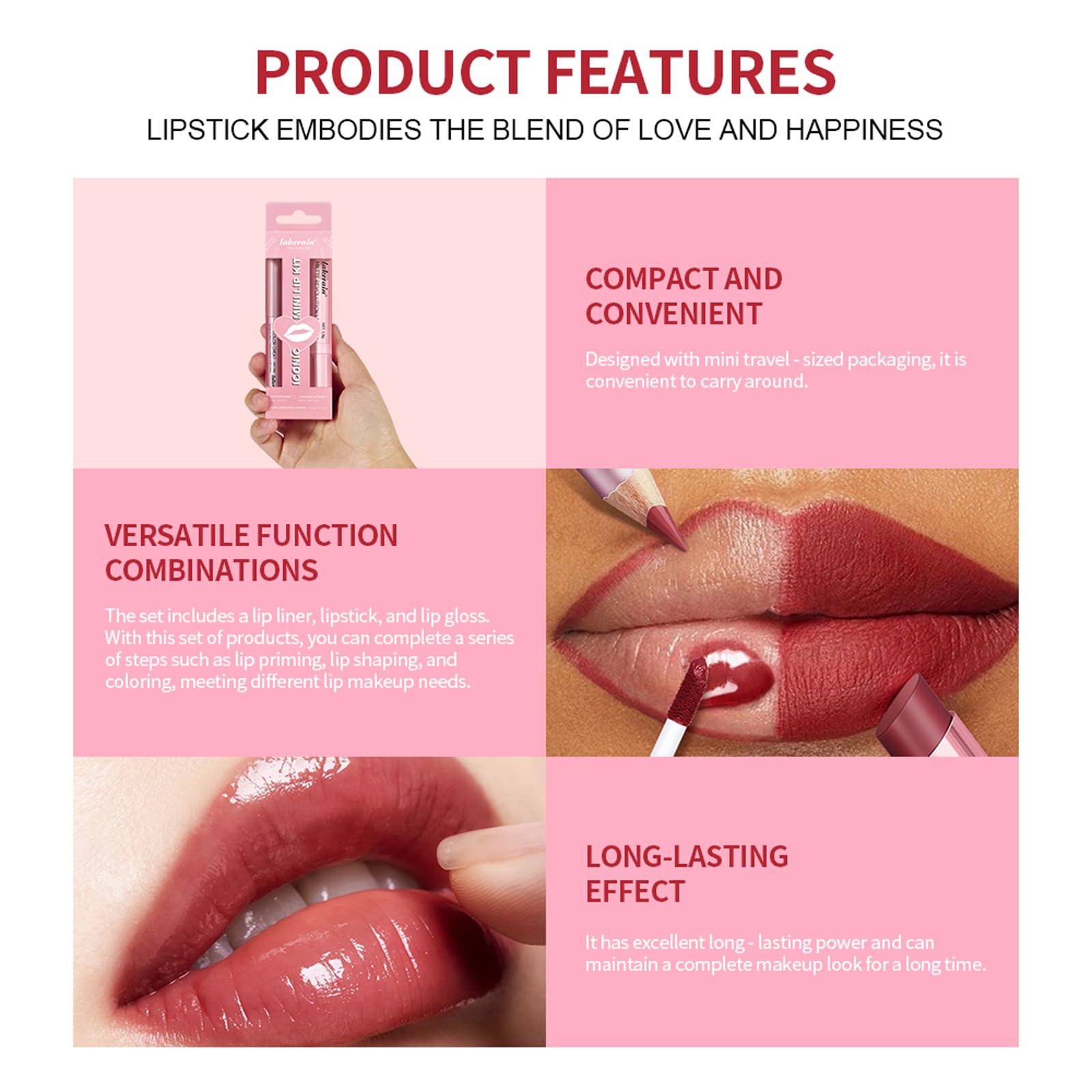 Conjunto labios rosado suave para uso diario y look fresco.