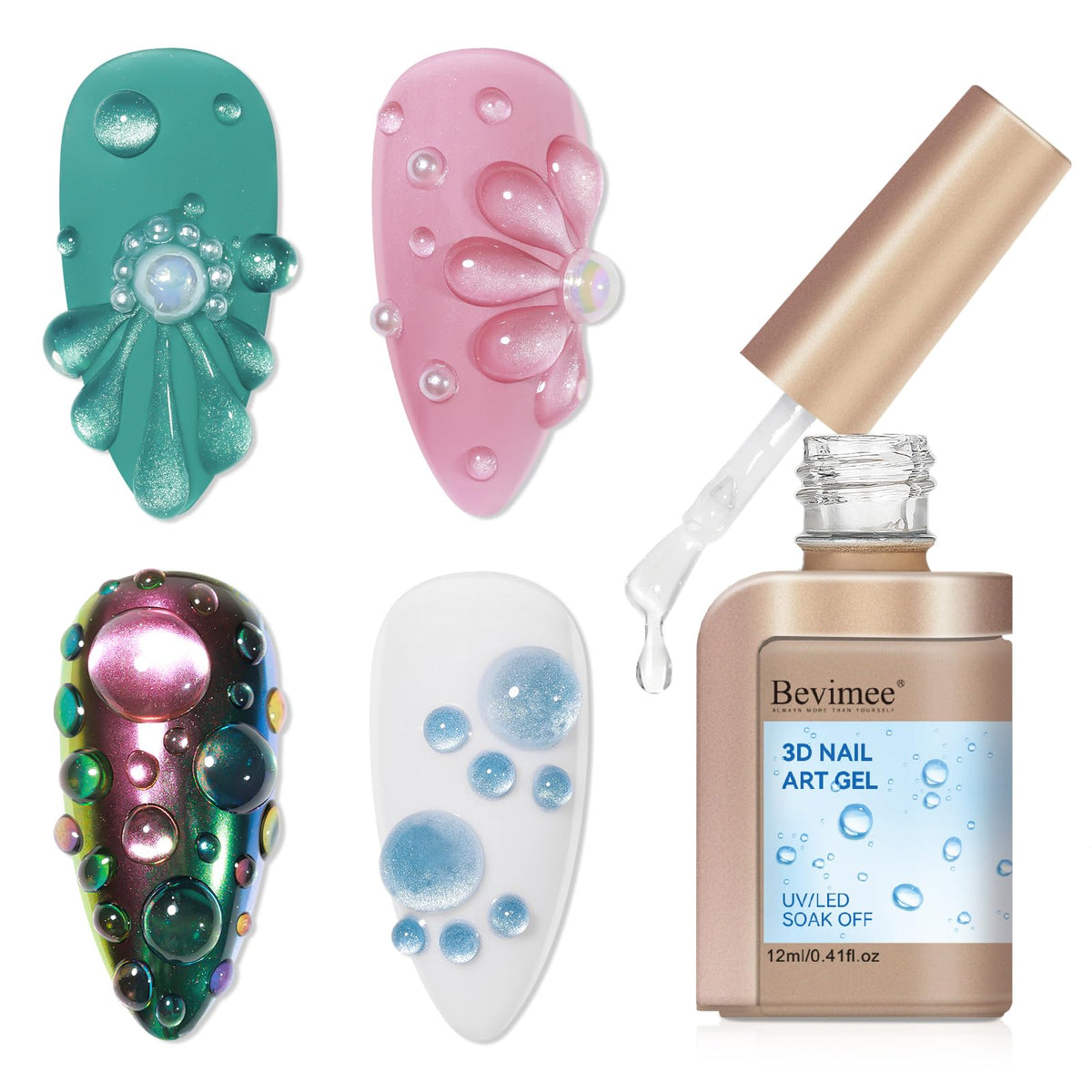 Bevimee Gel Uñas 3D con efecto gota de lluvia para diseño.