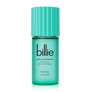 Billie AHA Desodorante 24h, botella vertida mostrando gel ligero para uso diario.