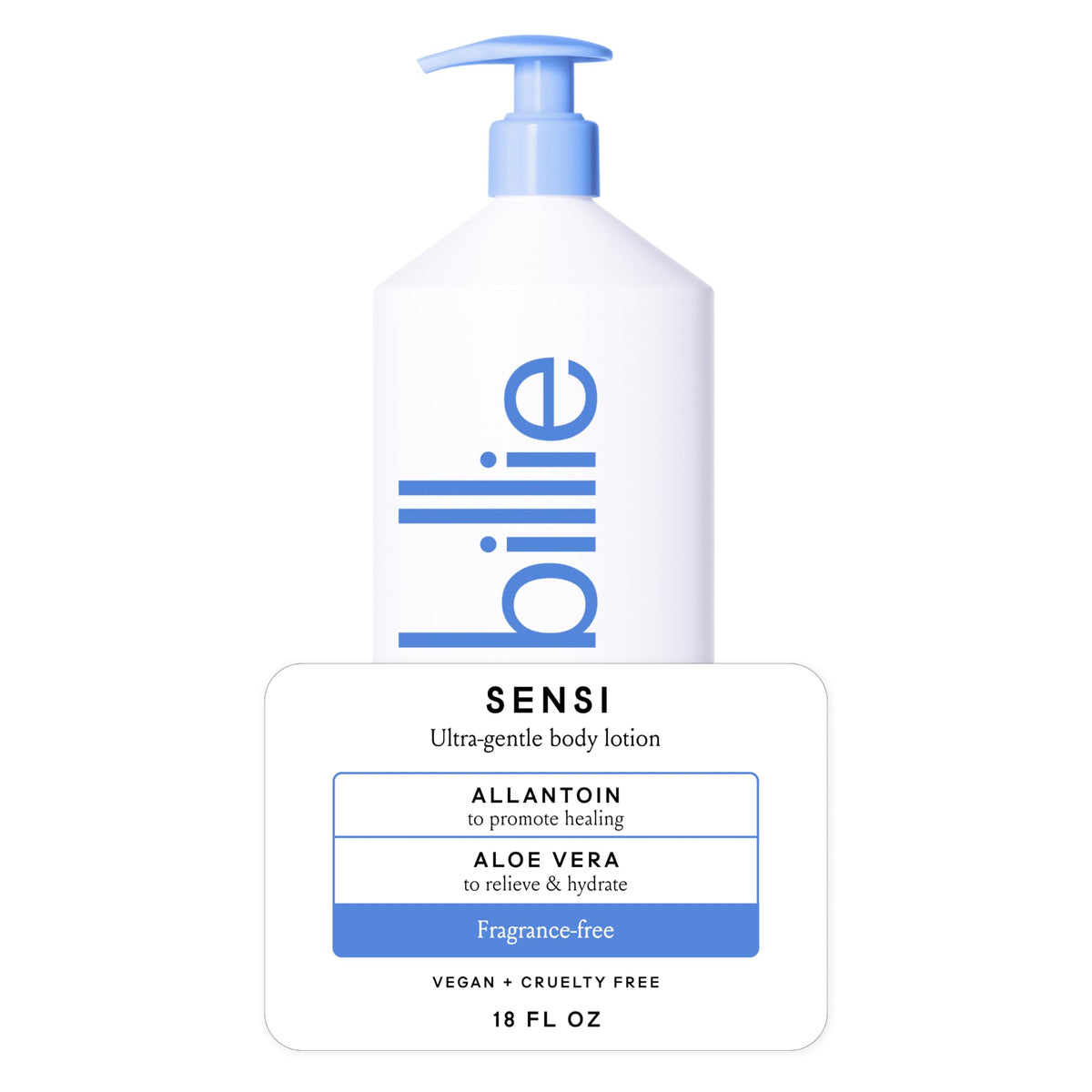 Billie Sensi Loción Corporal sin fragancia para piel sensible, absorción rápida