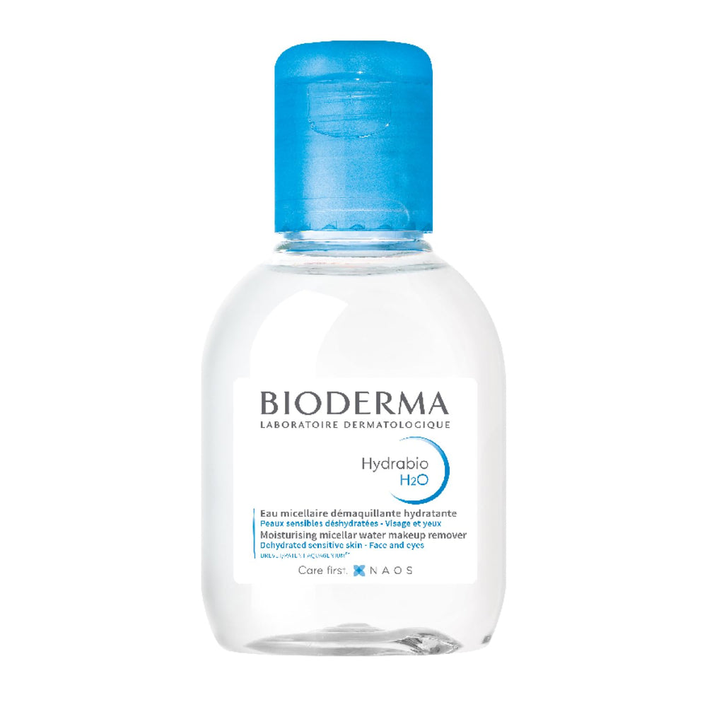 Bioderma Hydrabio H2O en botella de viaje para limpieza suave y desmaquillante.