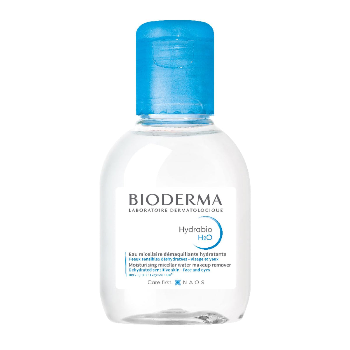 Bioderma Hydrabio H2O en botella de viaje para limpieza suave y desmaquillante.