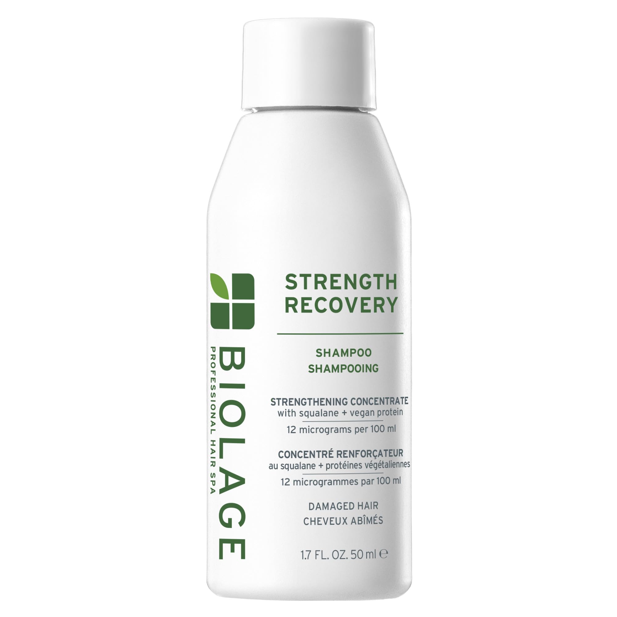 Biolage Champú Recuperación y Fortalecimiento en botella frontal, promete fortalecimiento suave.