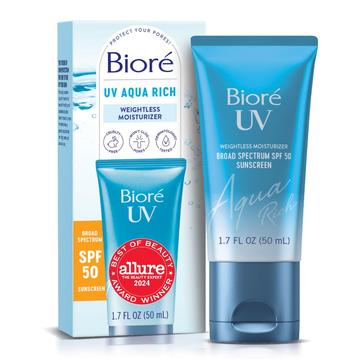 Biore UV Aqua Rich, botella con textura ligera para uso diario y SPF 50.