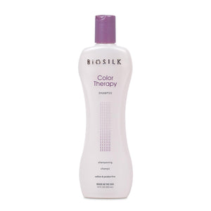 BioSilk Color Therapy Shampoo botella mostrando limpieza suave que protege el color.