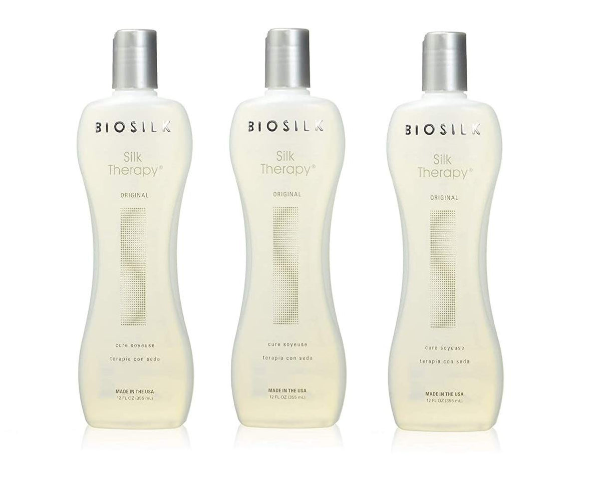 BioSilk Silk Therapy Original Cure, pack de 3 botellas, protege el cabello y aporta brillo.