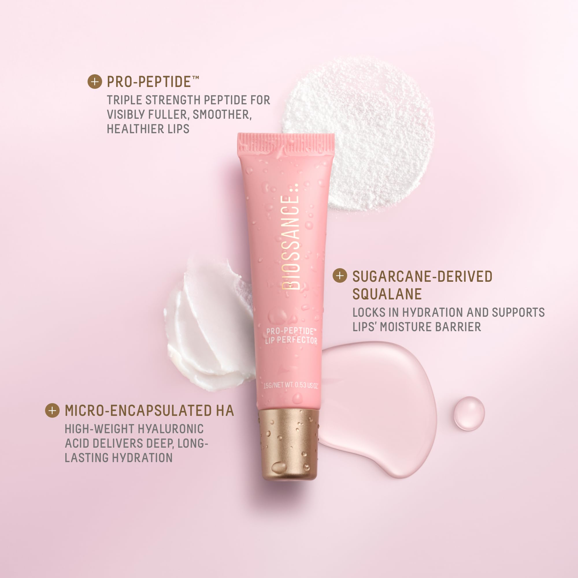 BIOSSANCE Pro-Peptide Balsamo Labial textura seda para aplicación suave