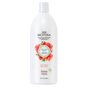 Biotera Anti-Frizz Shampoo en botella, cabello suave y manejable.