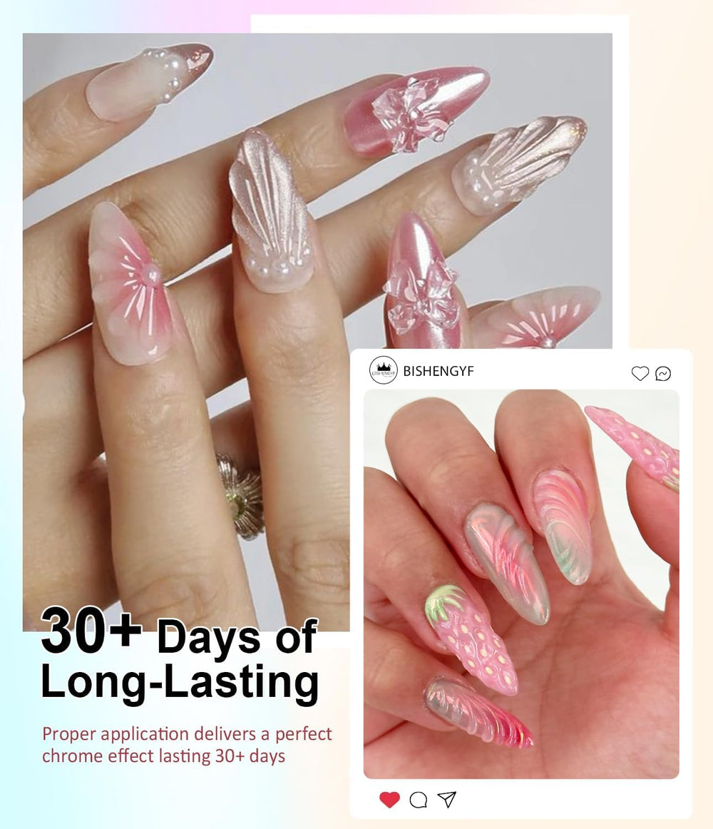BISHENGYF acabado espejo metálico realza uñas con brillo duradero.