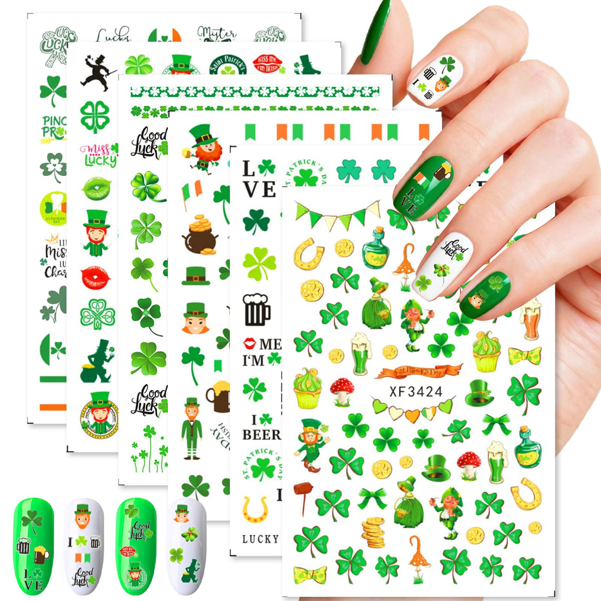BIWONUI pegatinas de uñas San Patricio con trébol cuatro hojas para decoración rápida.