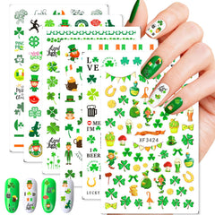 BIWONUI pegatinas de uñas San Patricio con trébol cuatro hojas para decoración rápida.