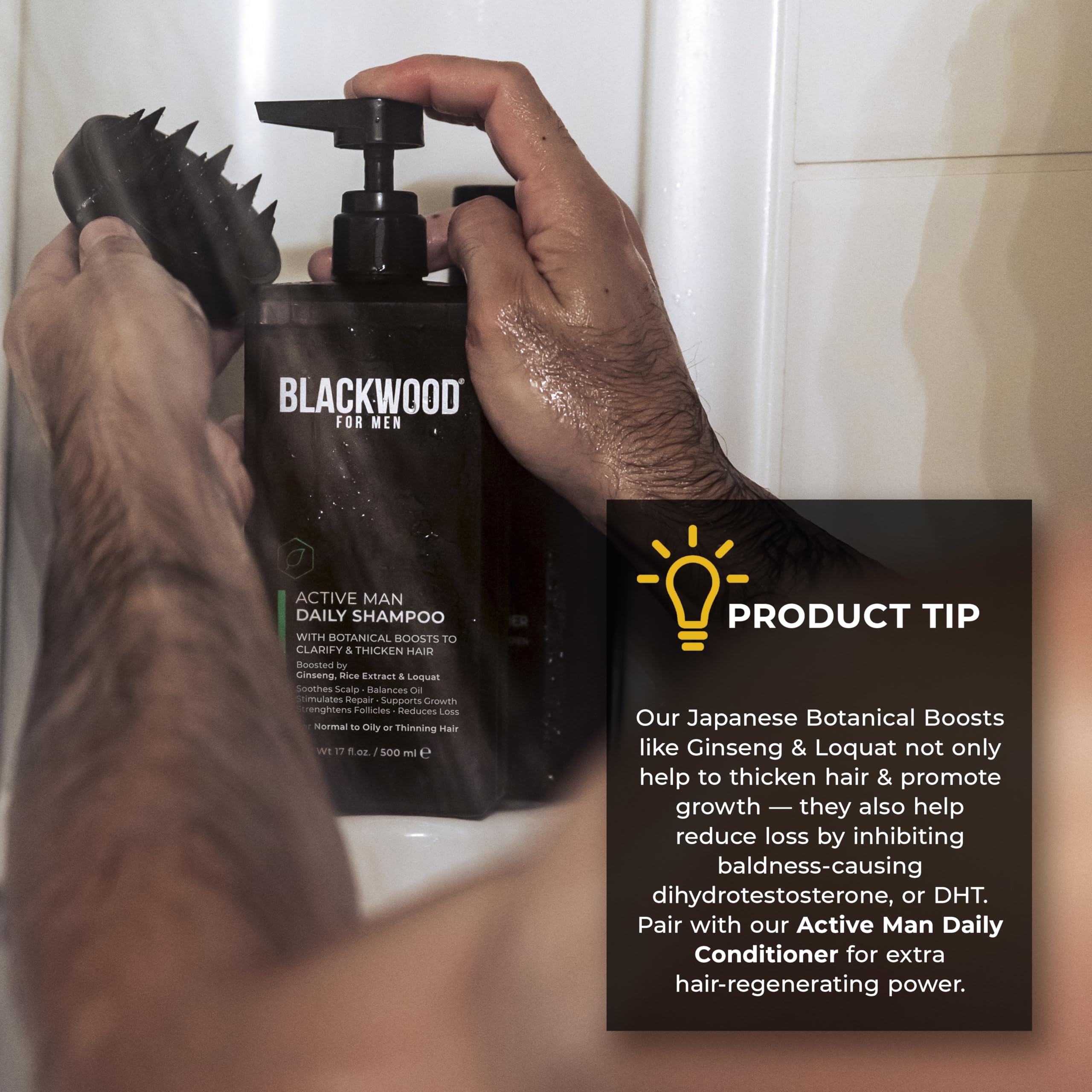 Blackwood For Men, envase-closeup, fórmula vegana sin sulfatos para rutina diaria.