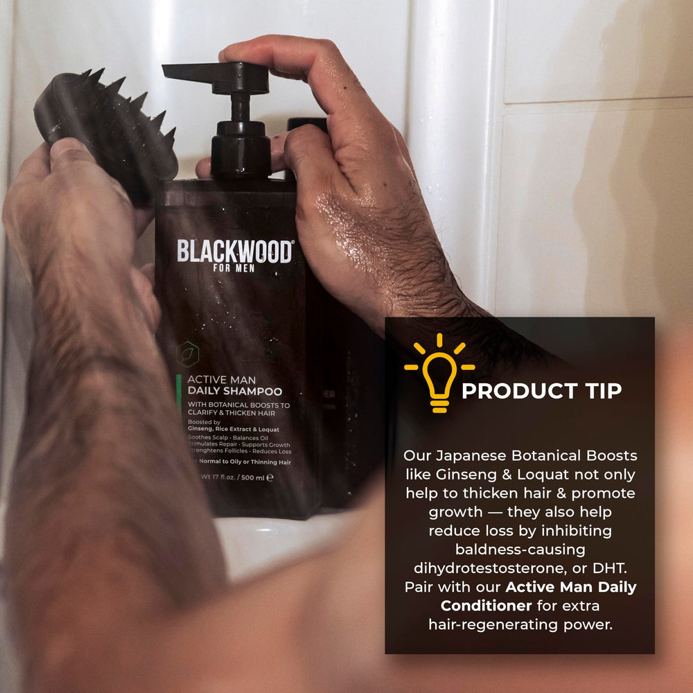 Blackwood For Men, envase-closeup, fórmula vegana sin sulfatos para rutina diaria.