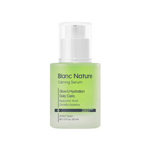 BLANC NATURE Calming Serum: botella-vertido, hidratación suave para piel fresca.