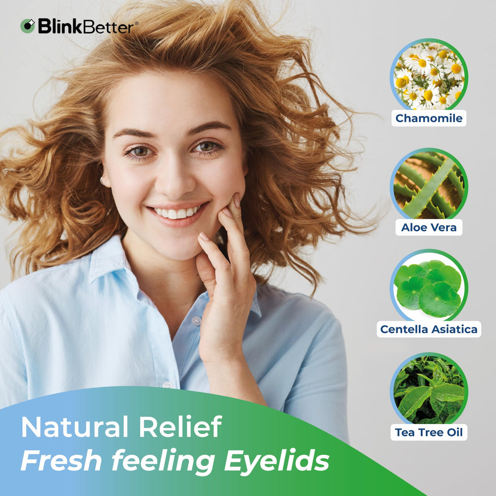 BlinkBetter: toallitas para parpados, aloe y camomila, alivio suave para ojos cansados.
