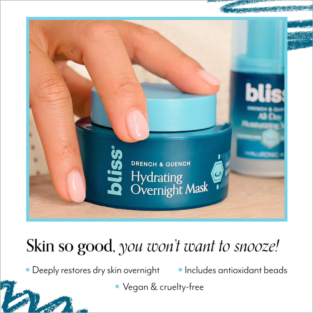 Bliss Drench Quench: aplicación nocturna para despertar con piel suave y fresca.
