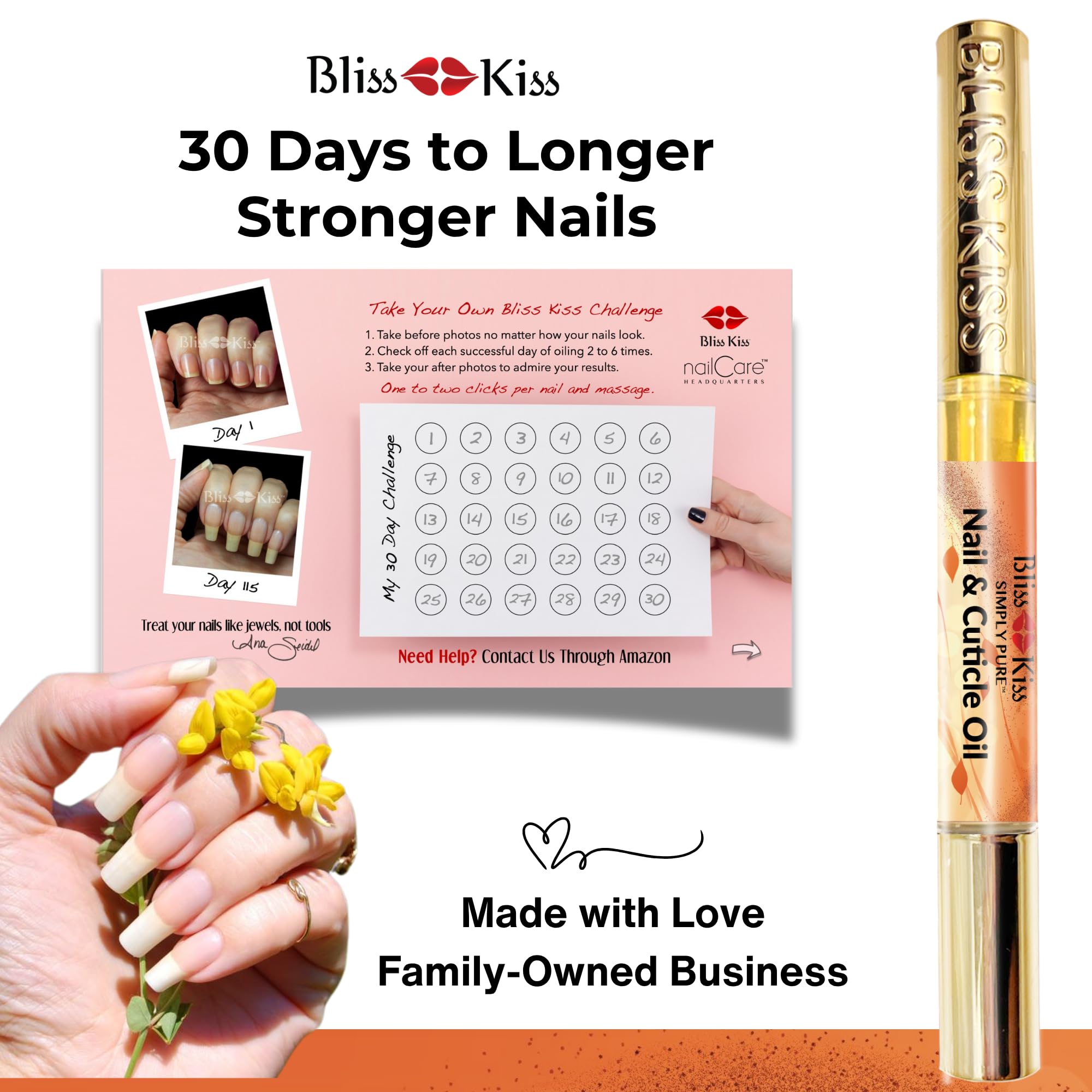 Bliss Kiss aceite uñas envase compacto para uso en cualquier lugar.