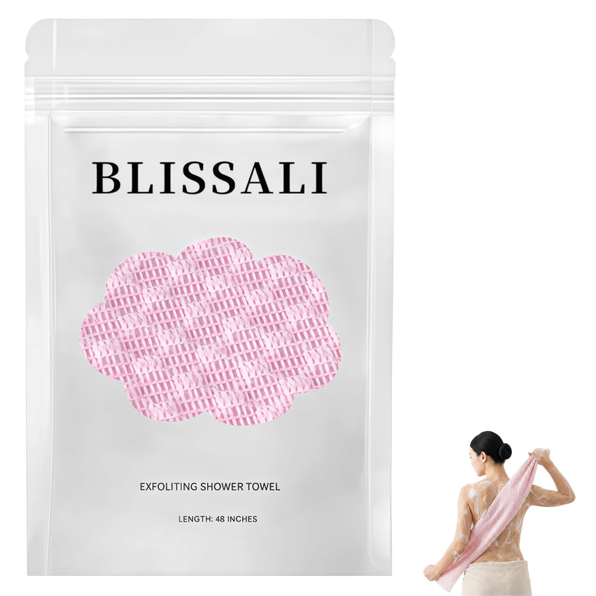 Blissal Toalla Exfoliante para ducha, foco dorso, exfoliación suave para piel limpia