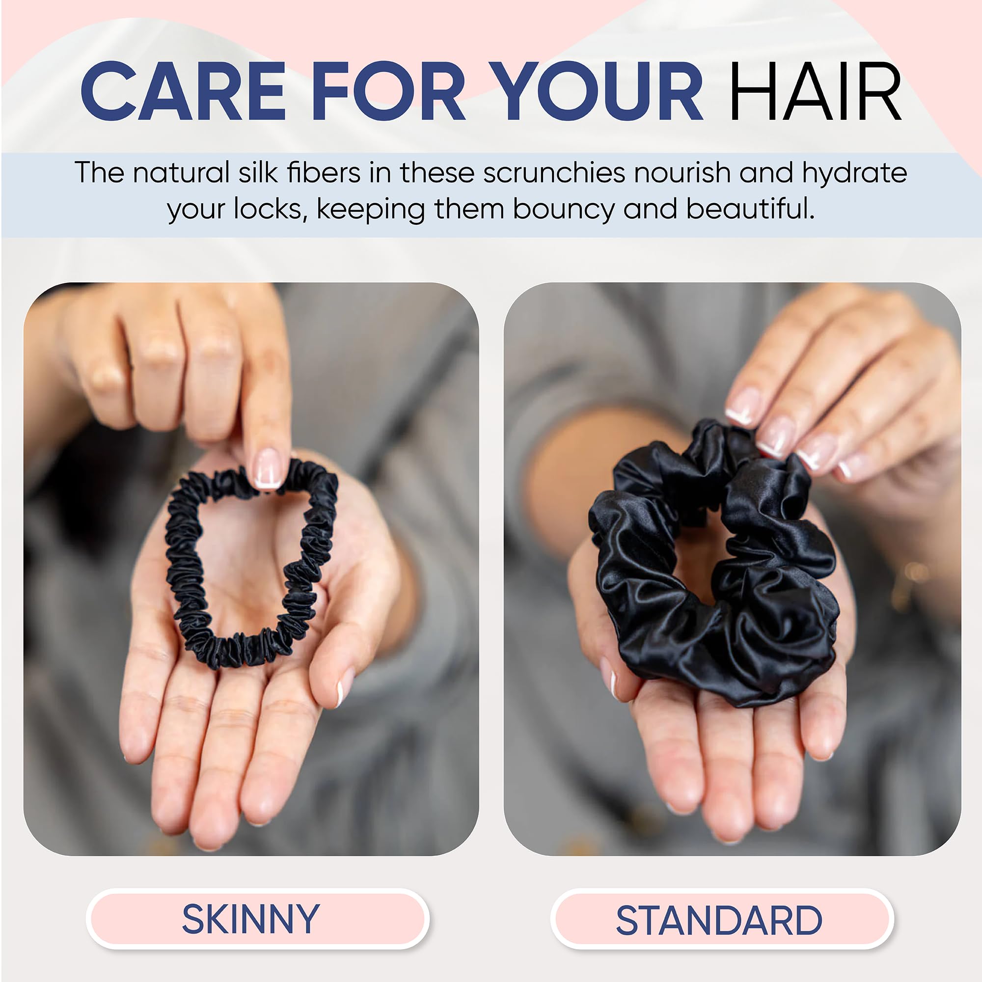 Blissy scrunchie negro en la mano, estilo elegante para peinados.