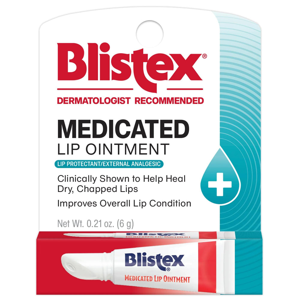 Blistex Balsamo labial medicado en empaque, alivio temporal para labios secos.