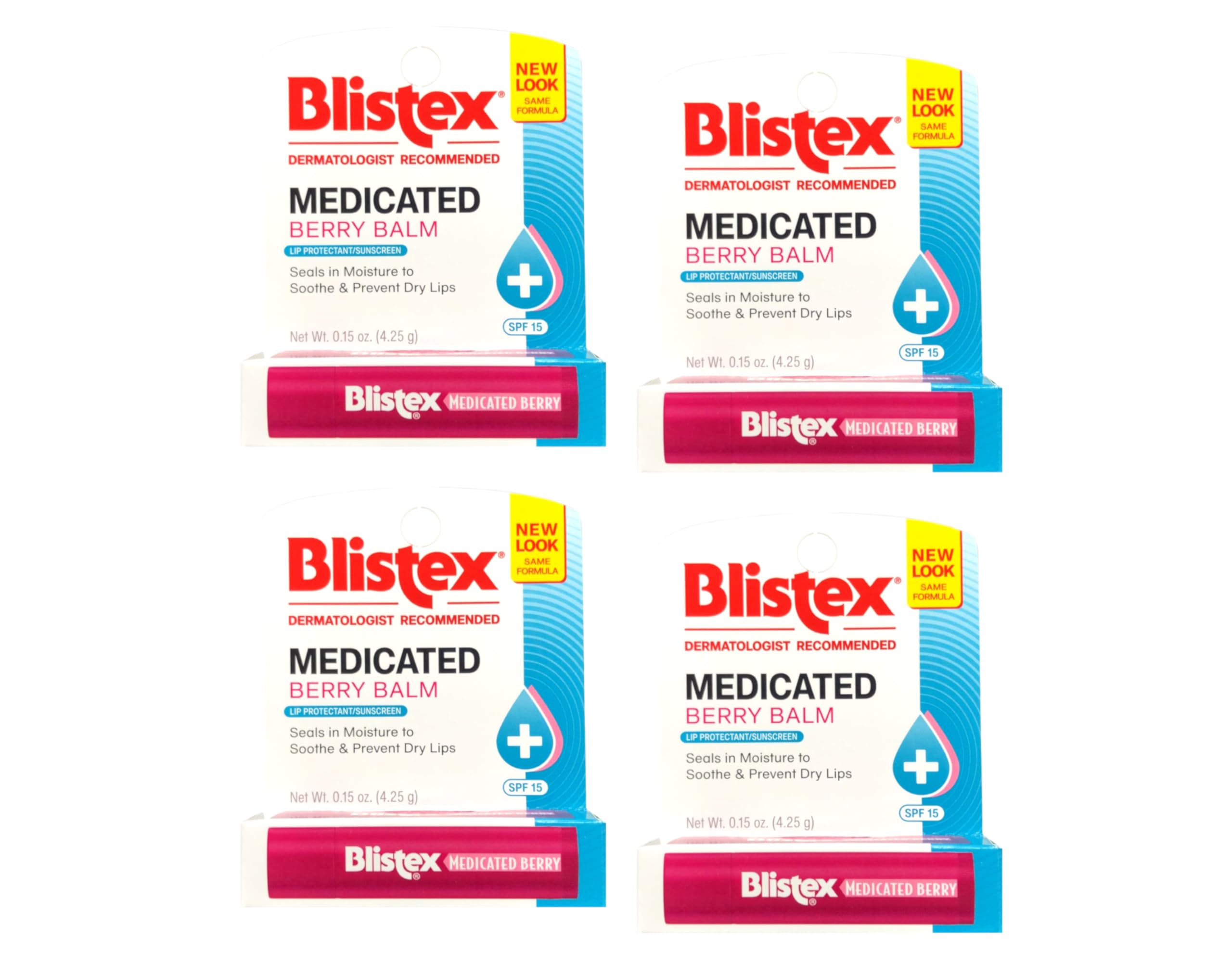 Blistex Bálsamo Medicado de Bayas, envase con 4 unidades para cuidado diario.
