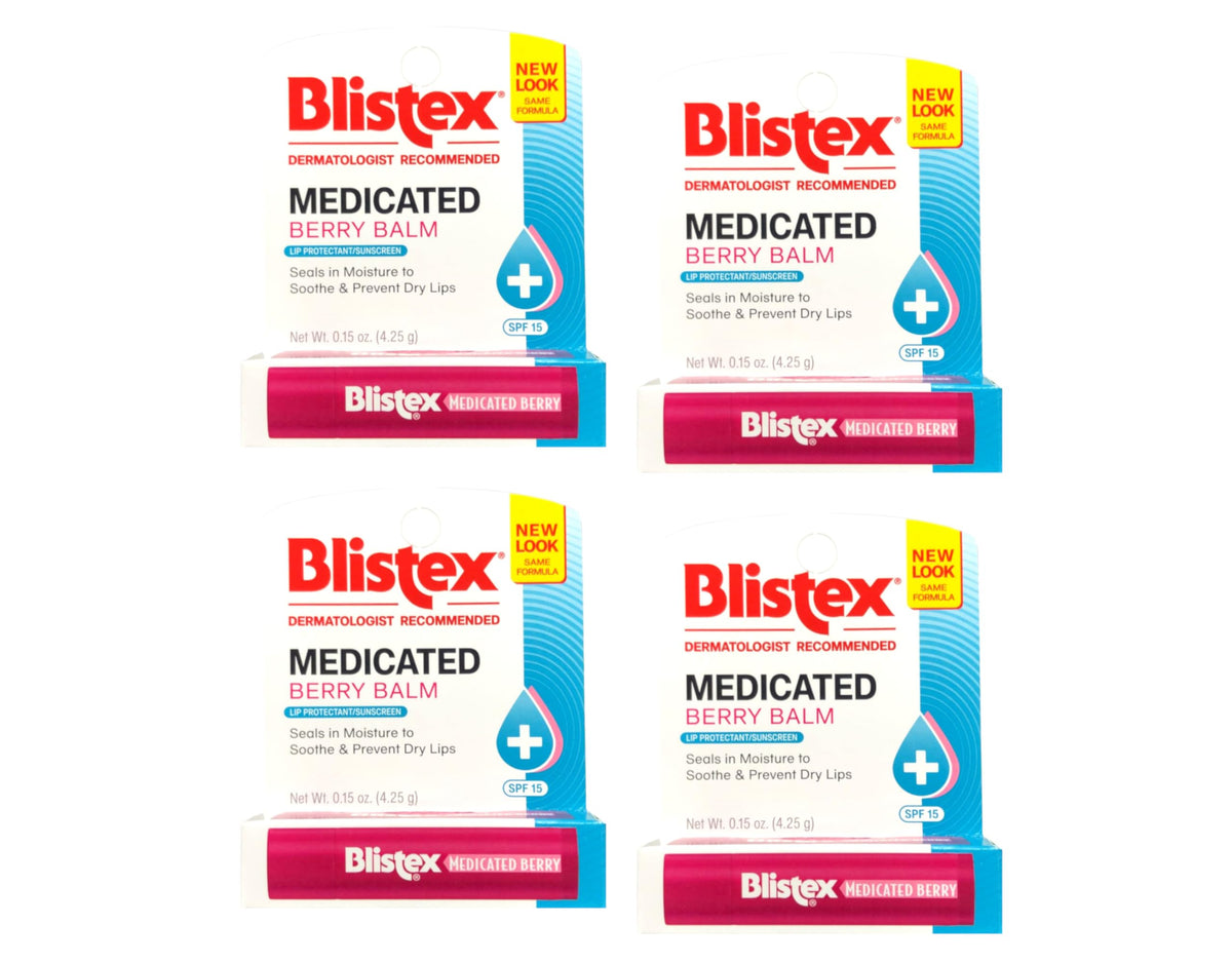 Blistex Bálsamo Medicado de Bayas, envase con 4 unidades para cuidado diario.