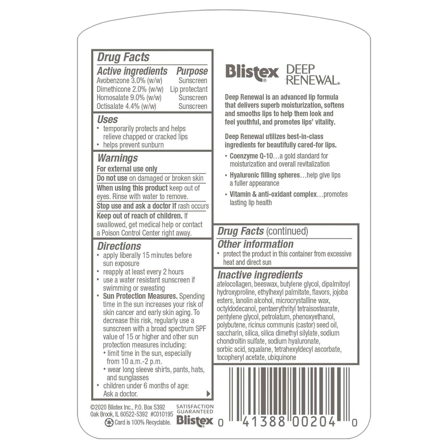 Blistex Deep Renewal con Coenzima Q-10 para hidratación profunda y labios nutridos.