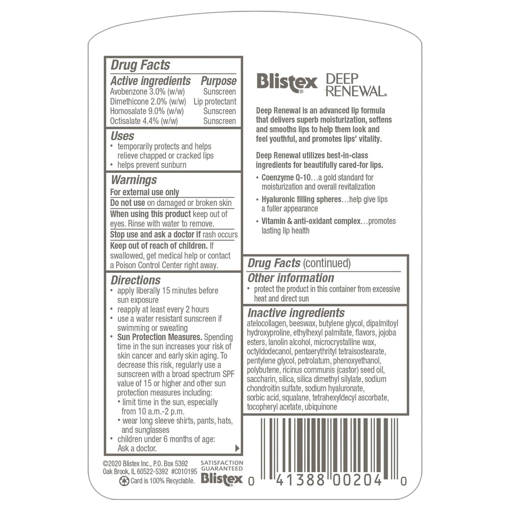 Blistex Deep Renewal con Coenzima Q-10 para hidratación profunda y labios nutridos.