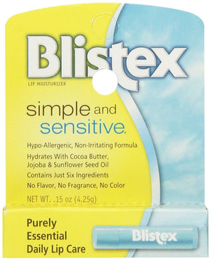 Bálsamo labial Blistex Simple y Sensitive, empaque de cinco, hidratación suave para labios sensibles.