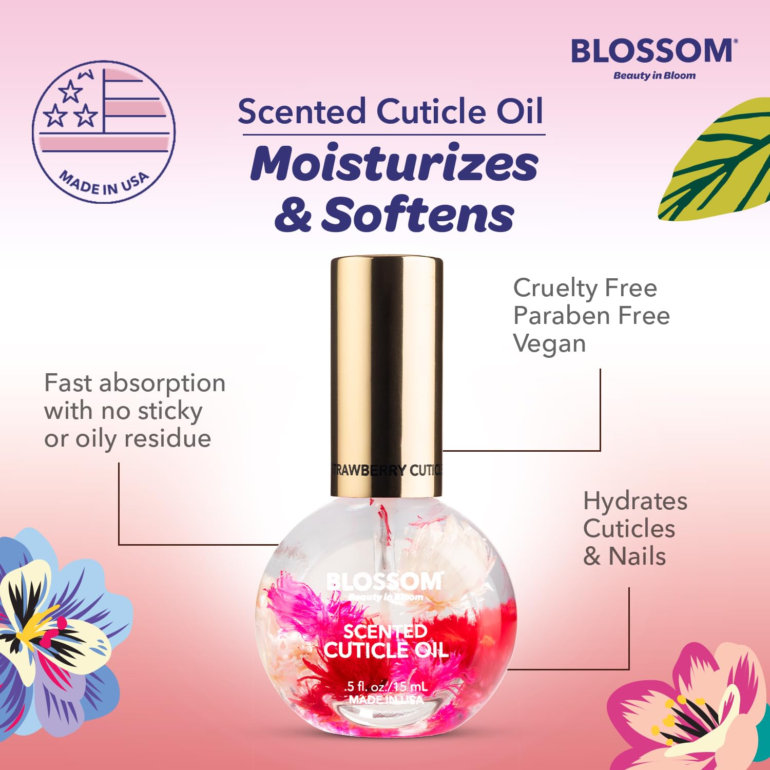 Blossom Aceite para Cutículas hecho en EE. UU. con ingredientes naturales.