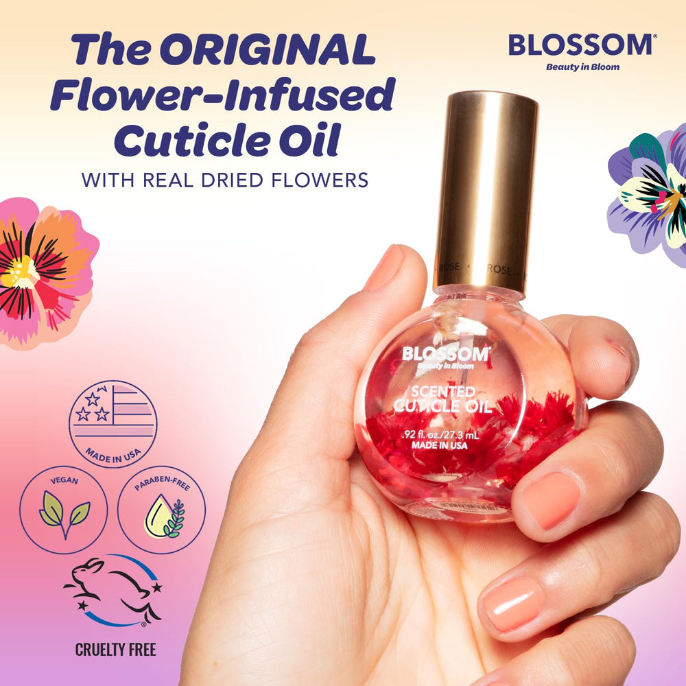 Fragancia floral de Blossom Cuticle Oil para ritual diario de belleza.