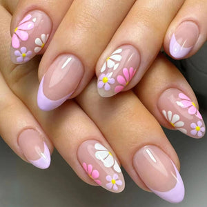 Blruyci Flowers uñas postizas almendra corta purpura francés, para look elegante