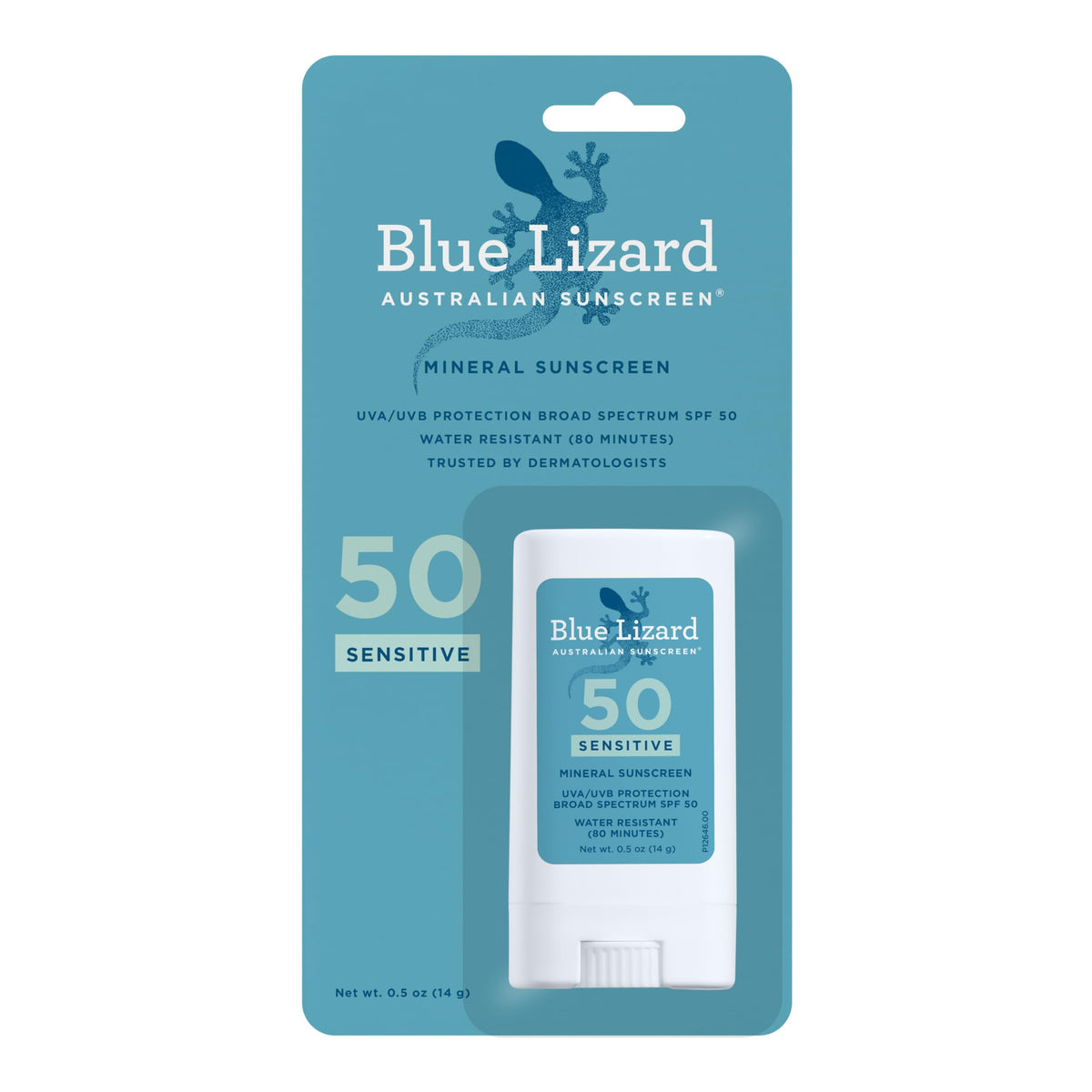 Blue Lizard barra solar mineral SPF 50 para piel sensible, protección clara y suave.