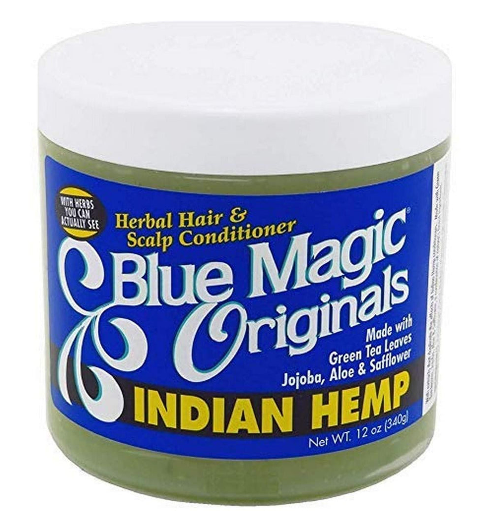 Blue Magic Acondicionador canamo indio - botella destacando ingredientes naturales para cabello suave.