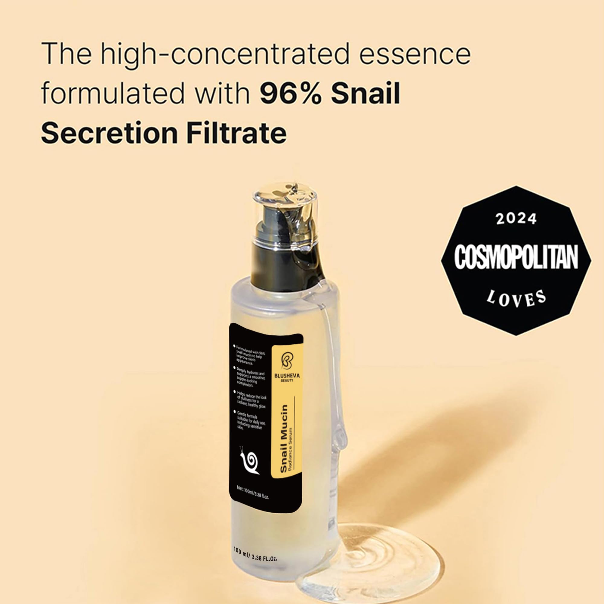 Blusheva Beauty Snail Mucin Serum, absorcion rapida para piel suave.