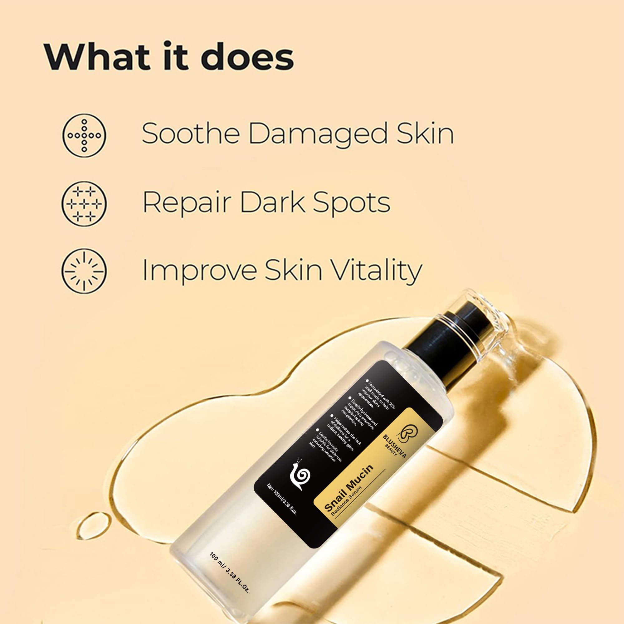 Blusheva Beauty Snail Mucin Serum, mejora la elasticidad aparente.