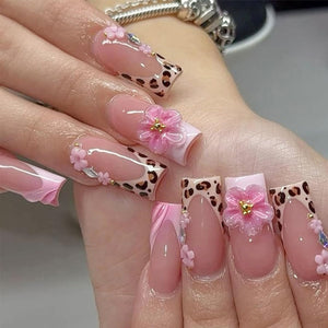 BMKKOT 24 piezas: uñas francesas 3D rosa con flores para looks rápidos