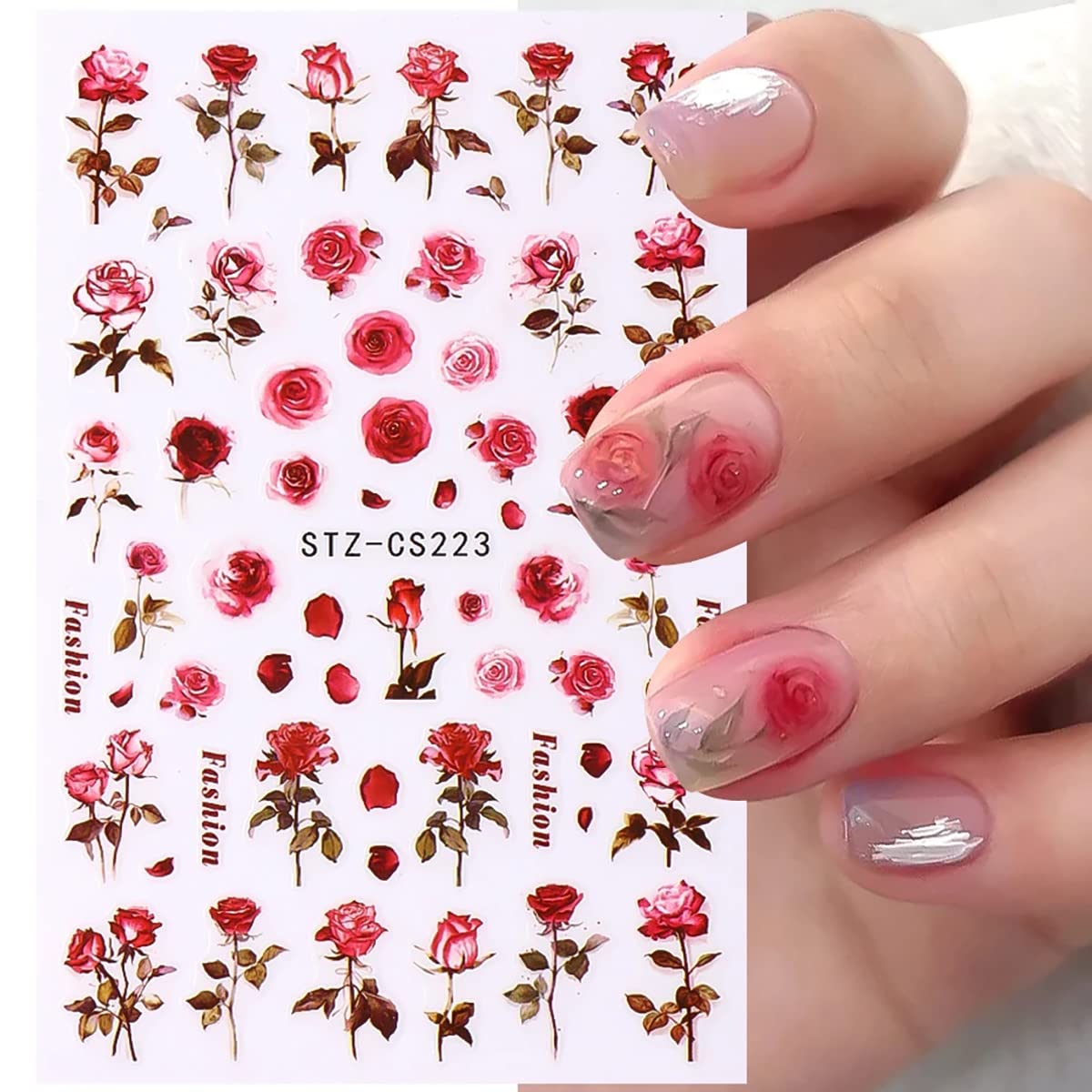 BMKKOT acabado brillante para uñas rosa con decoración floral.