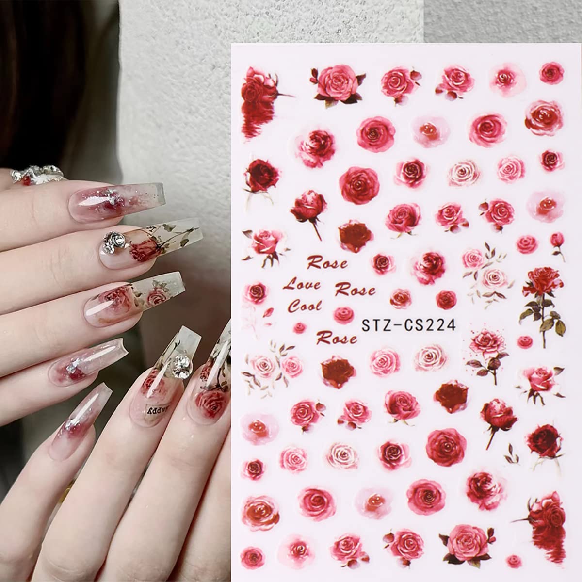BMKKOT rosas en 3D para uñas acrílicas con acabado elegante.
