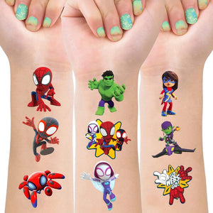 Tatuajes BNFUO Araña y amigos en hojas, ideales para fiestas infantiles.