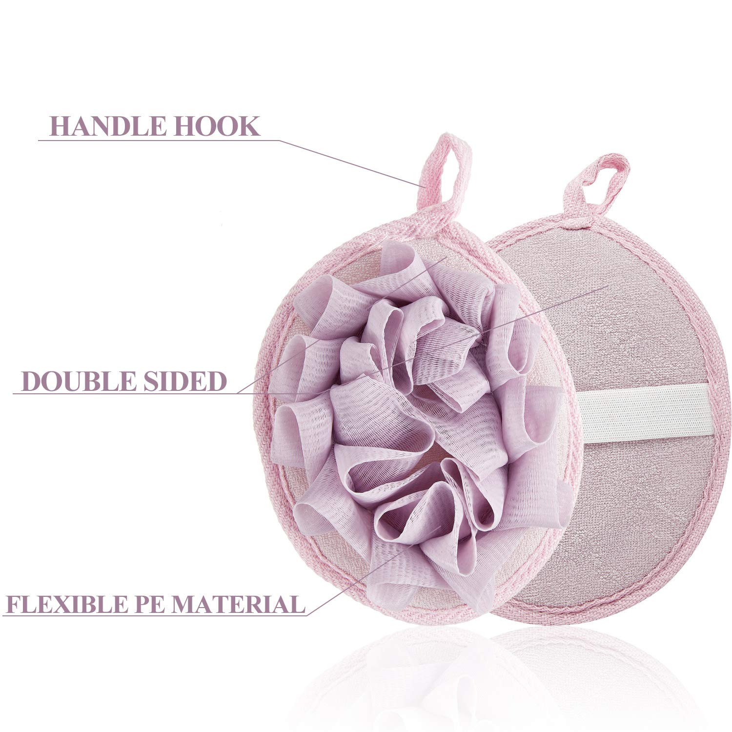 Boao puf ducha exfoliante con flor morada, ideal para una rutina diaria energizante