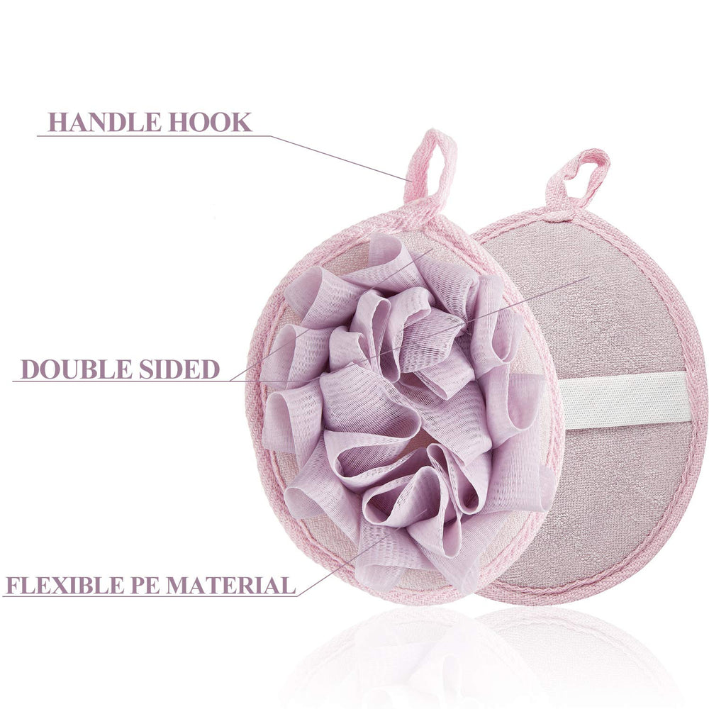 Boao puf ducha exfoliante con flor morada, ideal para una rutina diaria energizante