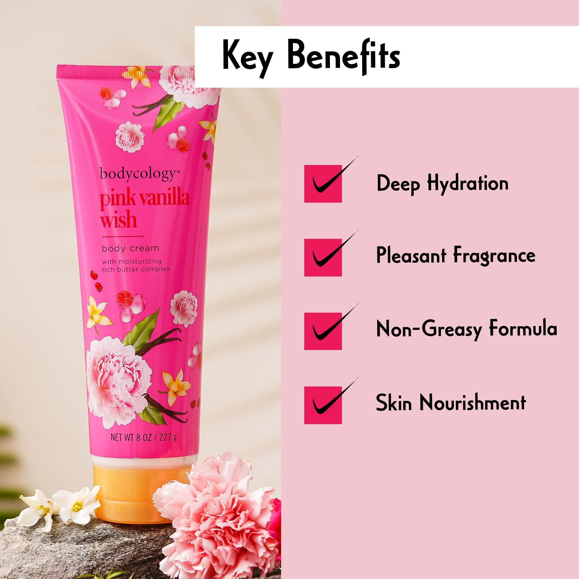 Detalle de fragancia en la crema Bodycology para notas florales