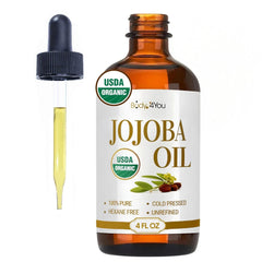 BodyJ4You Aceite de Jojoba en bote de vidrio ámbar con gotero para dosificación precisa.