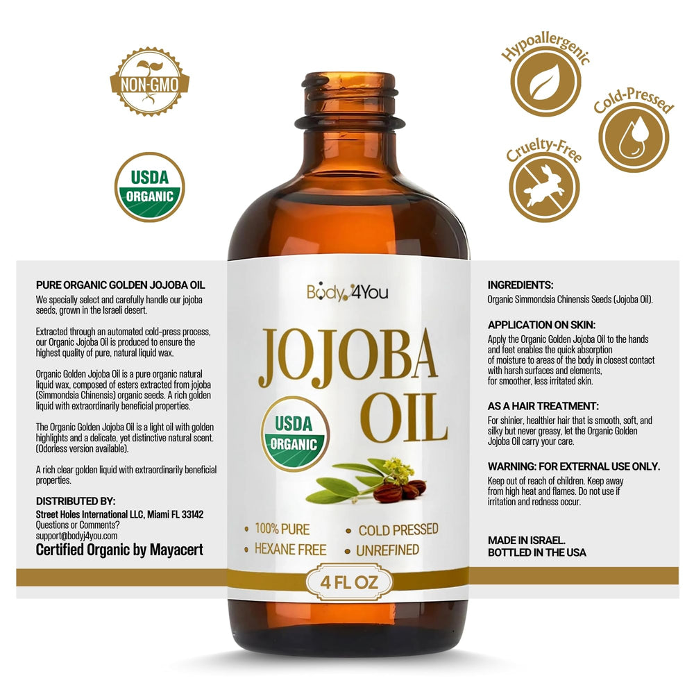 Cuidado nocturno con aceite de joroba BodyJ4You para piel y cabello.
