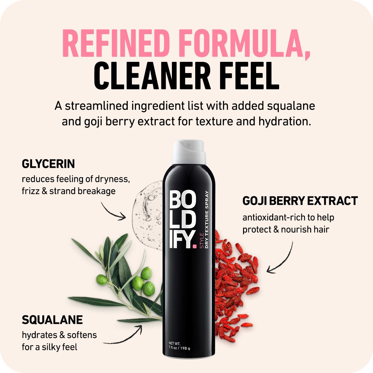 Boldify Dry Texture Spray proporciona fijacion ligera para un control suave durante el dia.