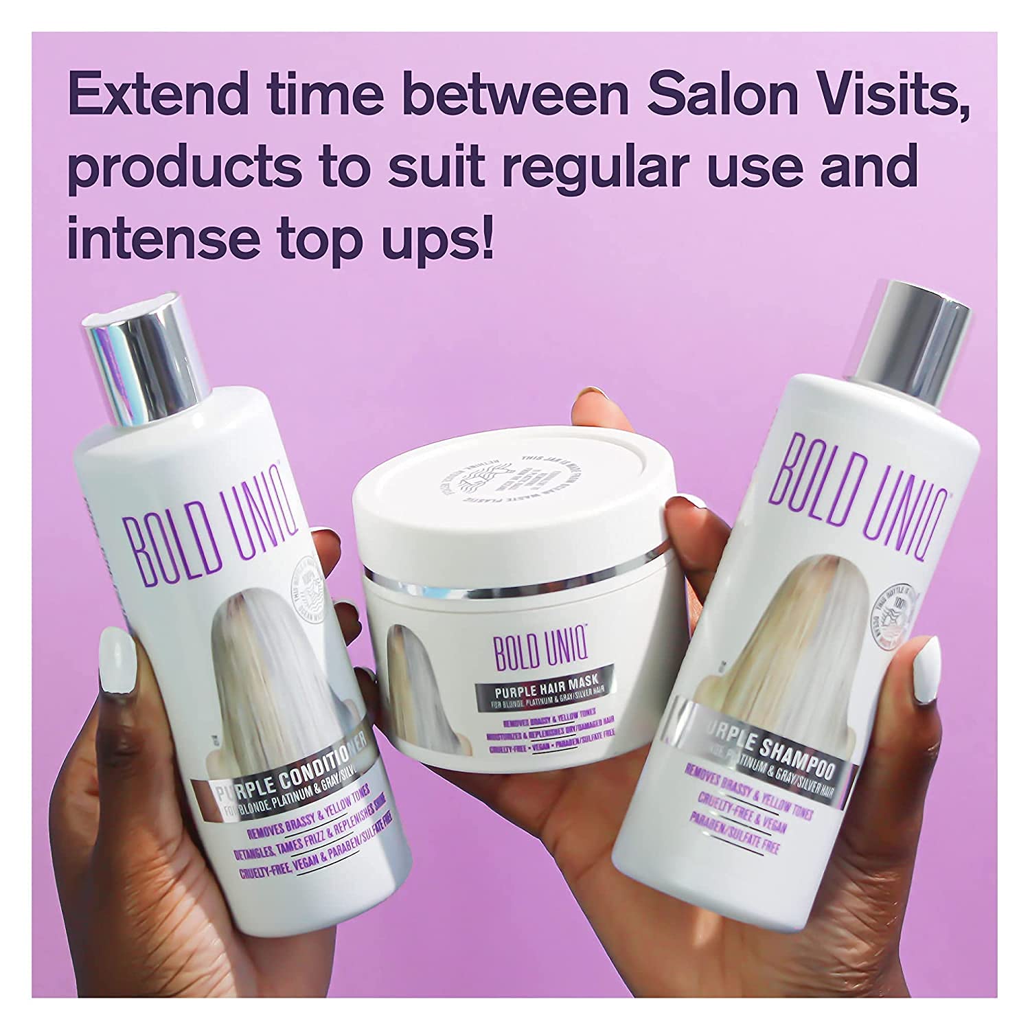 Cabello rubio plateado tras uso del set morado de BOLD UNIQ