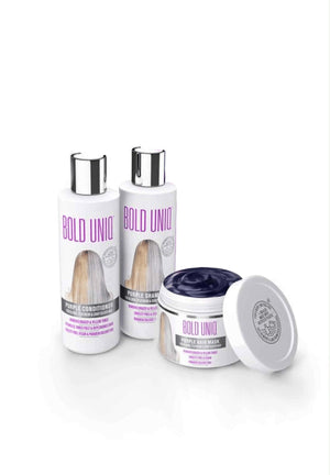 Champú morado de BOLD UNIQ en botella; neutraliza tonos amarillos para rubios