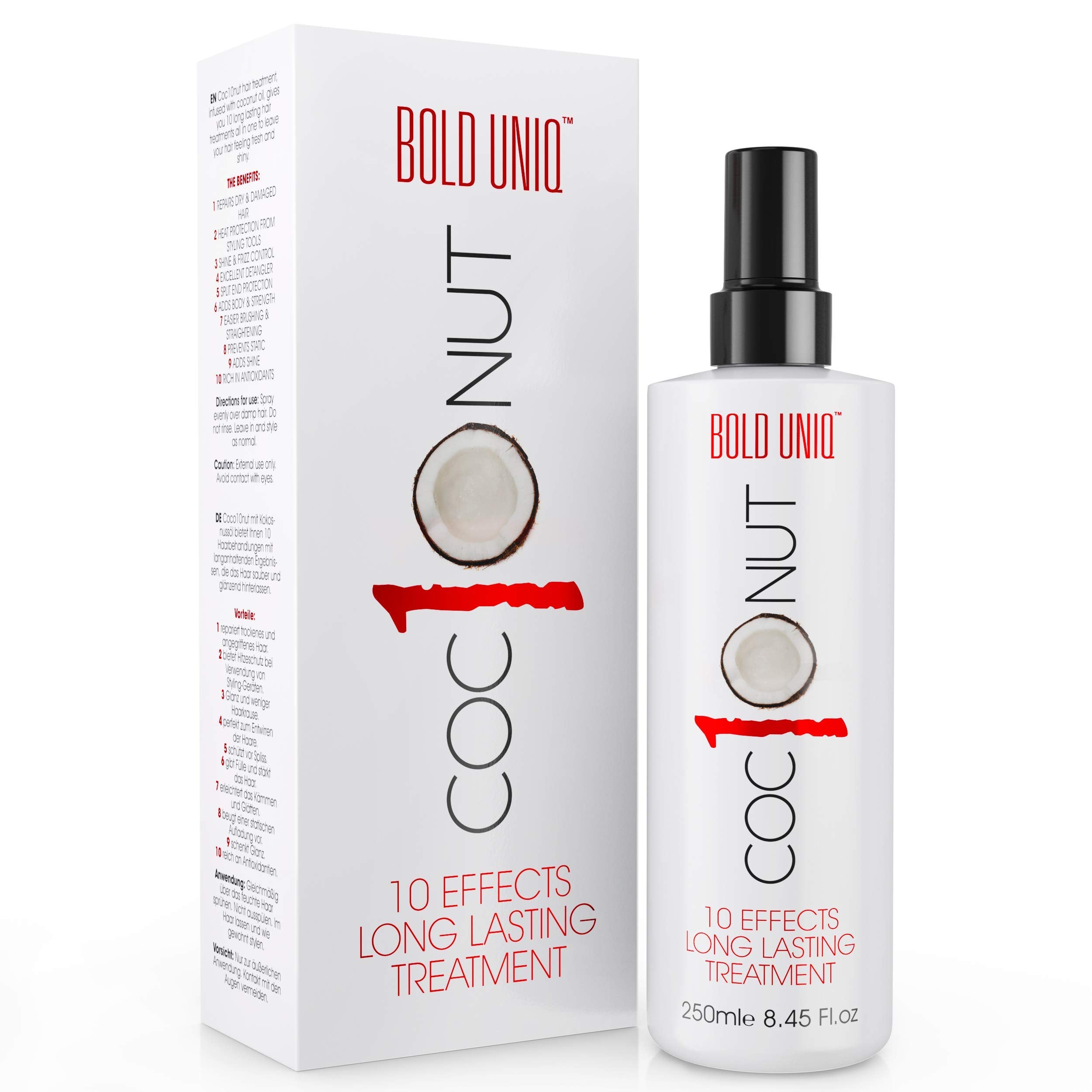 Bold Uniq Spray Térmico de Coco, botella frontal, protege del calor y reduce frizz